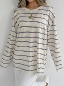 SHEIN EZwear Women's Crew Neck Long Sleeve Striped Simple Casual Blouse For Daily Wear - Apricot - View 3