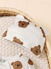 SHEIN 2pcs/Set Newborn Baby Boy/Girl Cartoon Bear Printed Long Sleeve Jumpsuit With Hat, Unisex Infant Clothes Suitable For Daily Wear, Birthday Party, Photography, All Seasons