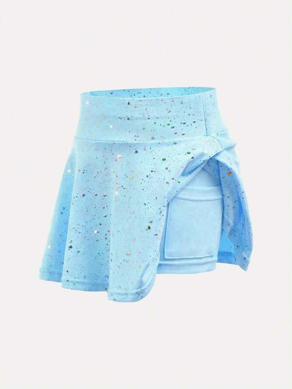 SHEIN Young Girls Activewear Blue Starry Sky Print Elastic Comfortable Yoga Dance Skirt