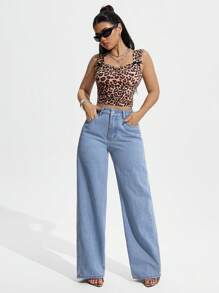 SHEIN PETITE 女式纯色口袋休闲百搭阔腿牛仔裤 - 淺色水洗藍 - 查看 3