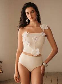 Anewsta Women's Summer Beach Floral 3D Design One-Shoulder Fashion Tankini Swimsuit - Beige - View 4