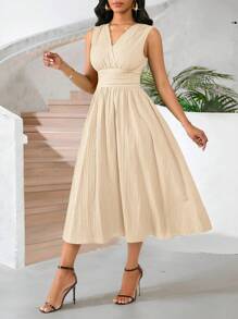 SHEIN Lady 节日连衣裙 女士中长款无袖夏季连衣裙 绿色编织纹理面料 - 杏色 - 查看 5