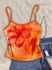 SHEIN EZwear Camiseta de tirantes de estilo vintage casual/vacacional, sexy y linda, con estampado de flor de hibisco naranja en efecto tie-dye, diseño gráfico con acuarela floral y cocotero, estilo bohemio y adecuada para el verano