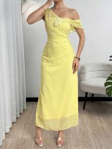 Modelyn 女士优雅碎花细肩带雪纺连衣裙，浅黄色，时尚专属派对礼服 - Butter Yellow - 查看 8