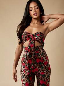 MISSGUIDED Floral Leopard Print Jumpsuit Strapless Wide Leg Party Evening Wedding Guest Summer Vacation Resort Wear Women Flare Pants Bell Bottom - Red - View 4