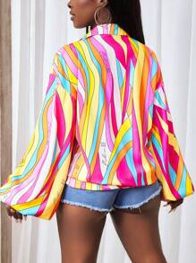 BamGleam Women's Colorful Striped Lantern Sleeve Knotted Hem Loose Blouse Fall Cloth For Women - Multicolor - View 2