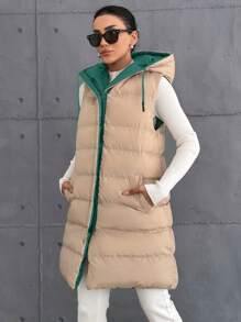 EURMUSE Petite Size Zip Up Drawstring Hooded Puffer Vest Coat - Green - View 4