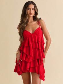 SHEIN BAE 夏季海边度假纯色浅粉色节日连衣裙荷叶边雪纺蛋糕裙吊带裙音乐节服装乡村音乐节服装演唱会服装返校服装婚礼伴娘服 - 紅色 - 查看 6