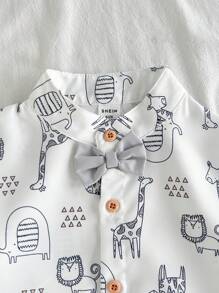 SHEIN Vintaside Kids 幼儿男童可爱动物印花乡村风格时尚基本款百搭舒适休闲两件套 T 恤套装，春夏 - 淺灰色 - 查看 9