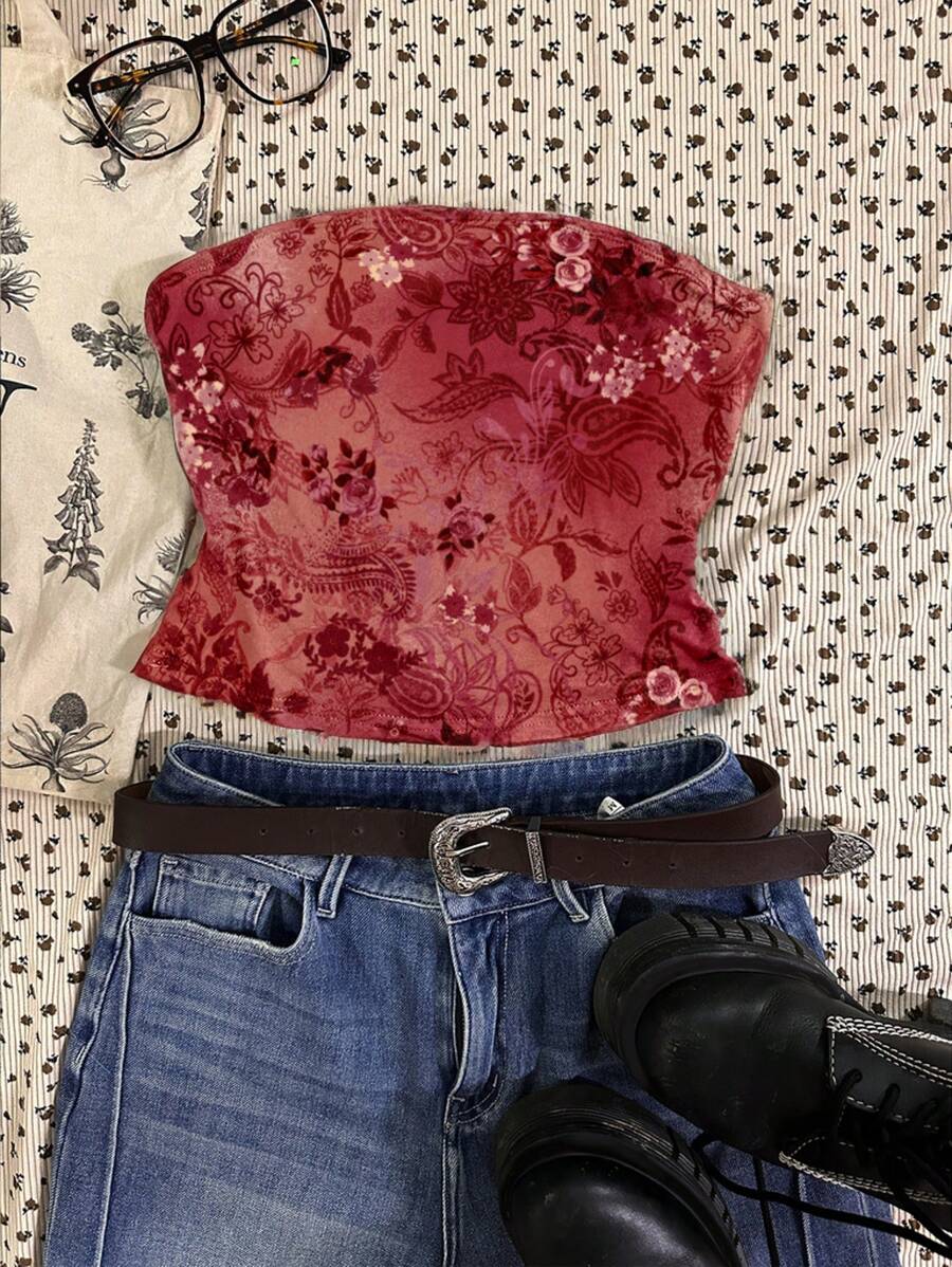 Attitoon Blusa de tubo ajustada tipo vintage con estampado retro de flores en estilo romano con volantes, de color rojo Angola, adecuada para el verano