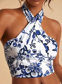 Travachic 度假露背印花短款上衣、沙滩装、春夏、复活节、假日、海滩、春假、度假、音乐会