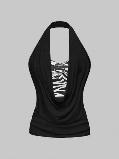 J-Fashion Y2K Retro Abi 2 In 1 Black & Gray Striped Splicing Draped Neck Women Tank Top