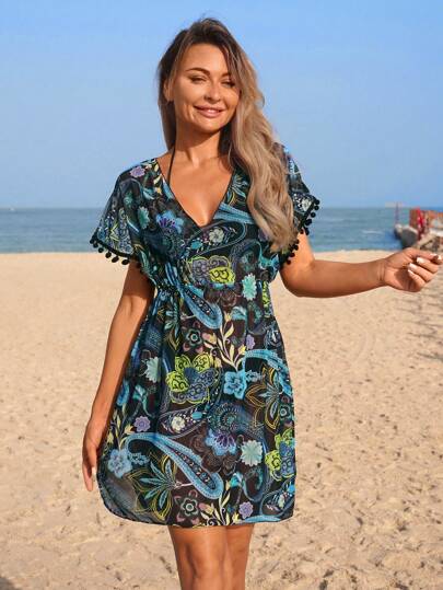 Swim Lushoire Women's Paisley Print Beach Cover Up For Summer Beach Vacation