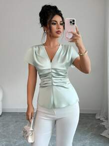 SHEIN Clasi Women's Solid Color Short Sleeve V-Neck Front Pleated Elegant Blouse, For Summer - Green - View 3