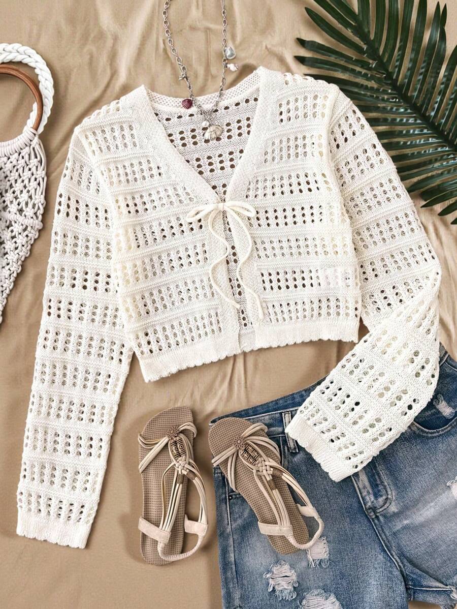 SHEIN Teens Girls' Apricot Casual Vacation Short Cropped Cardigan With Bow Accent, Textured Vintage Floral Lace, Oversized Long Sleeve, Can Be Worn Alone Or Layered, Suitable For Daily Wear, French & Korean Fashion Style, Back To School Teen Girl Clothes Sweaters Summer Clothes For Teens Sweater Beige Clothes For Teen Girls Tween Girl Clothes Sweaters Tie Front Sweater,In Fall/Winter