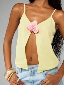 MISSGUIDED 花卉装饰吊带背心夏季无袖镂空前开叉花卉装饰上衣度假装海滩度假 - 黃色 - 查看 3