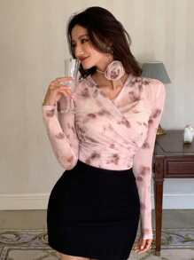 DAZY 女士花卉 3D V 领网眼长袖衬衫，适合派对、情人节 - 粉色 - 查看 9