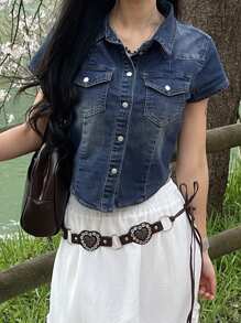 DAZY 马球领做旧毛边短袖牛仔上衣 - 深色水洗藍 - 查看 3