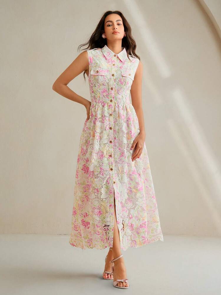 Elegant Water-Soluble Lace Trim Floral Print Lapel Classic Single-Breasted Belted Waist Sleeveless Dress For Women, Spring/Summer