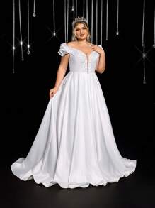 Glamrae Vestido de novia de línea A con escote en V profundo, manga de nubes con volantes, decorado con cristales y parches, con cola, elegante y romántico, para tallas grandes - Blanco - Ver 6