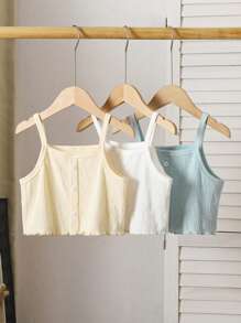 Set da 3 pezzi di canottiere in maglia per ragazze giovani, tessitura stropicciata casual versatile, bianchi, gialli, blu, intimo a strati, primavera/estate