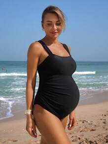 SHEIN 1pc Solid Color Ruched Maternity One-Piece Swimsuit For Summer Beach Vacation