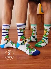 TEENAGE MUTANT NINJA TURTLES | SHEIN 2 双柔软透气吸湿排汗休闲中筒袜，卡通条纹图案，时尚绿色和白色男士中筒袜，加固脚趾和脚跟，经久耐用，男女通用，四季百搭 - 彩色 - 查看 3