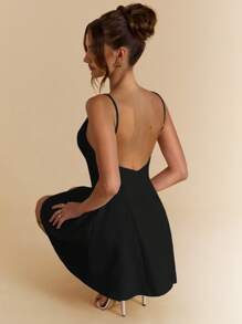 SHEIN BAE Váy suông hở lưng màu trắng thanh lịch, phù hợp cho hẹn hò, nghỉ mát, lễ hội âm nhạc, sinh nhật, tiệc trưa, khách dự tiệc cưới, phù dâu, mùa xuân/hè - màu đen - Xem 4