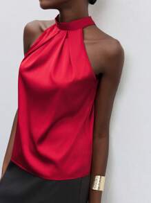 Maija Tie-Up Satin Halter Neck Cold-Shoulder Blouse Top