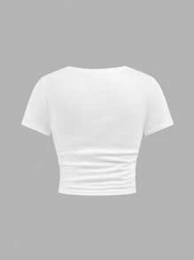 SHEIN 青少年女孩炫酷运动纯色短袖T恤和直筒运动裤套装 - 藏蓝色 - 查看 6