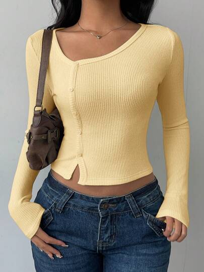 SHEIN BASICS Top de manga larga ajustada de punto de color liso informal para mujer