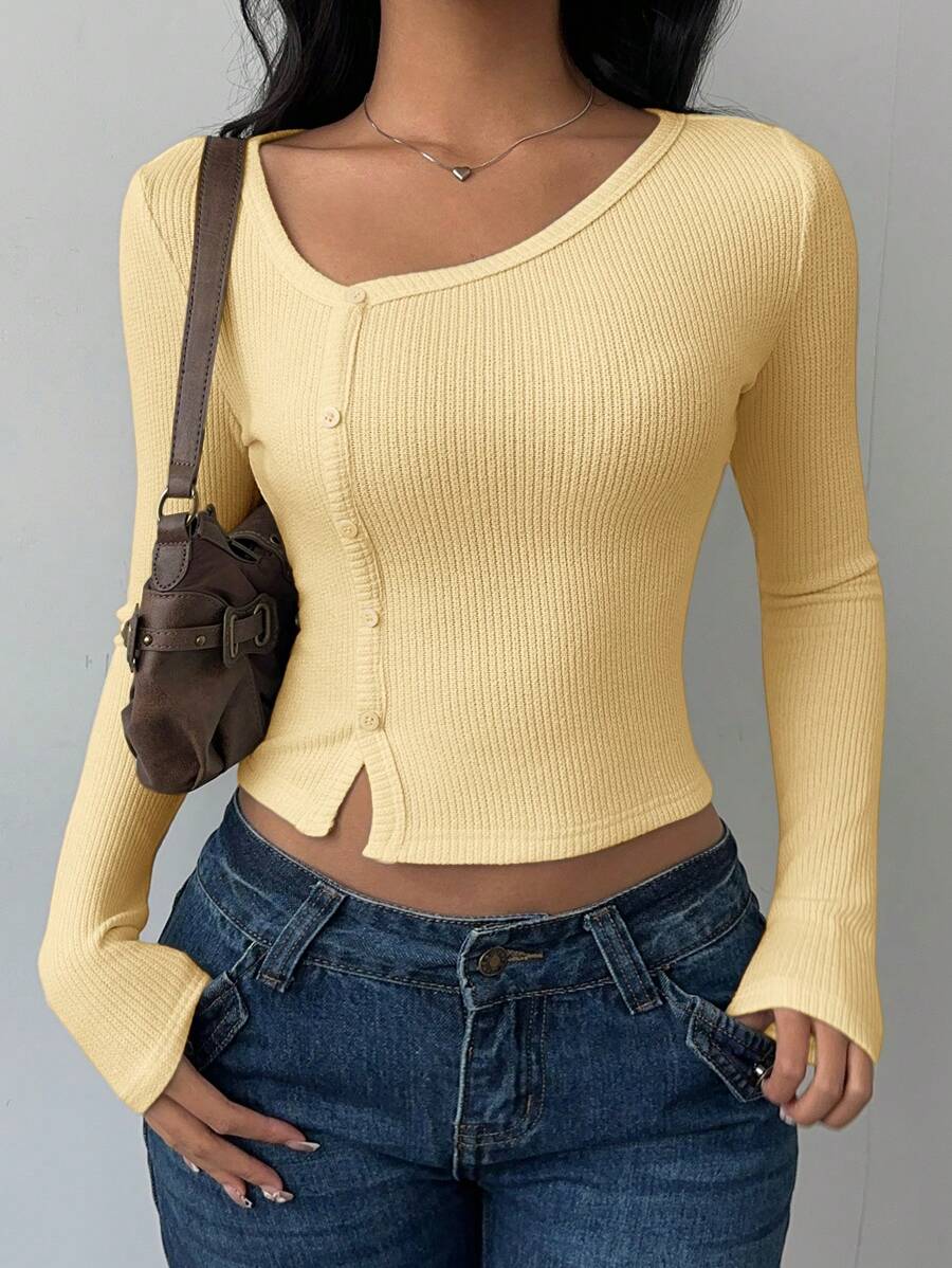 SHEIN BASICS Top de manga larga ajustada de punto de color liso informal para mujer - Amarillo - Ver 1