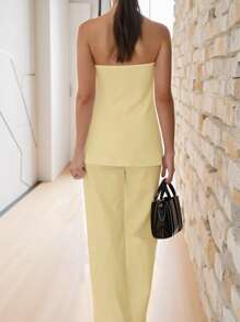 INAWLY 2pcs/Set Women's Summer Solid Color Bandeau Top And Pants Set - Yellow - View 3
