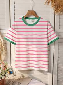 SHEIN 女童条纹印花宽松圆领短袖粉色 T 恤，适合青少年女孩的休闲夏季 T 恤