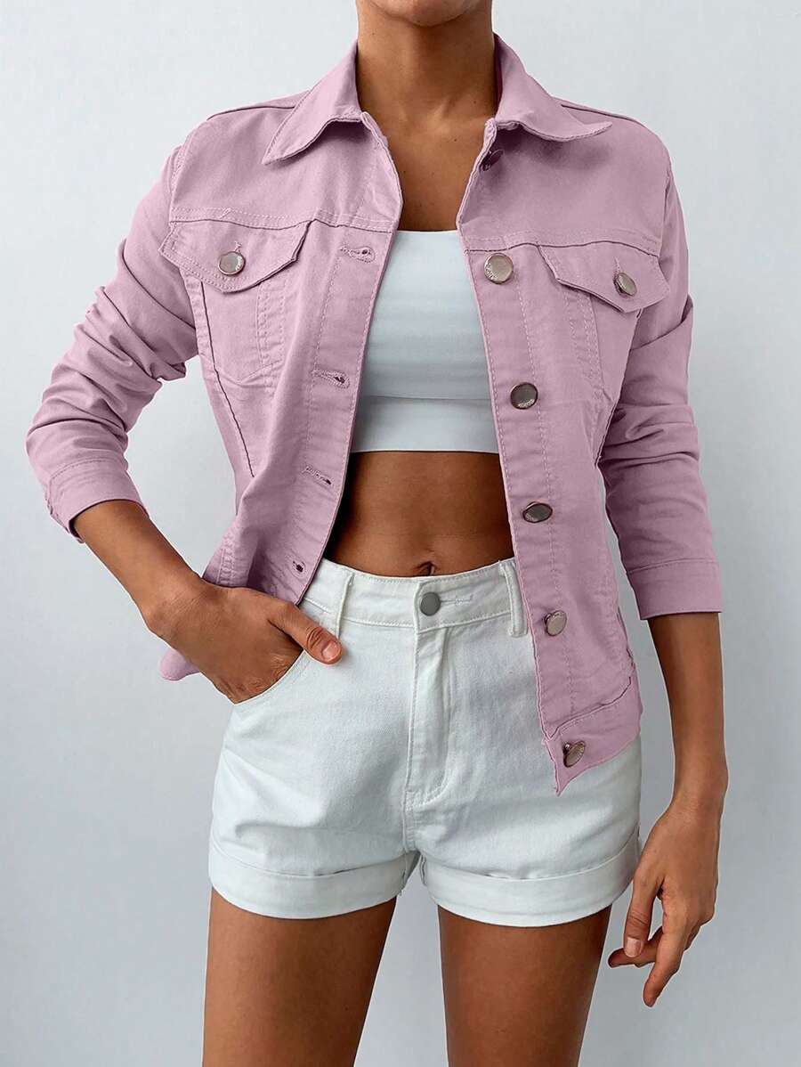 RueChic 98%Cotton Flap Pocket Button Front Denim Jacket - Baby Pink - View 1