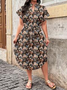 EMERY ROSE 大码节日休闲礼物几何花卉印花缺口领蝙蝠袖连衣裙波西米亚风女装女式太阳裙 - 彩色 - 查看 4