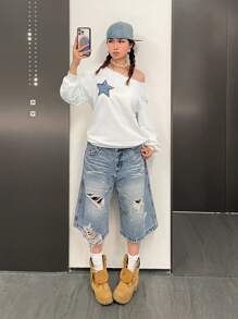 SHEIN 少女休闲舒适不对称领星形印花长袖卫衣 - 白色 - 查看 10