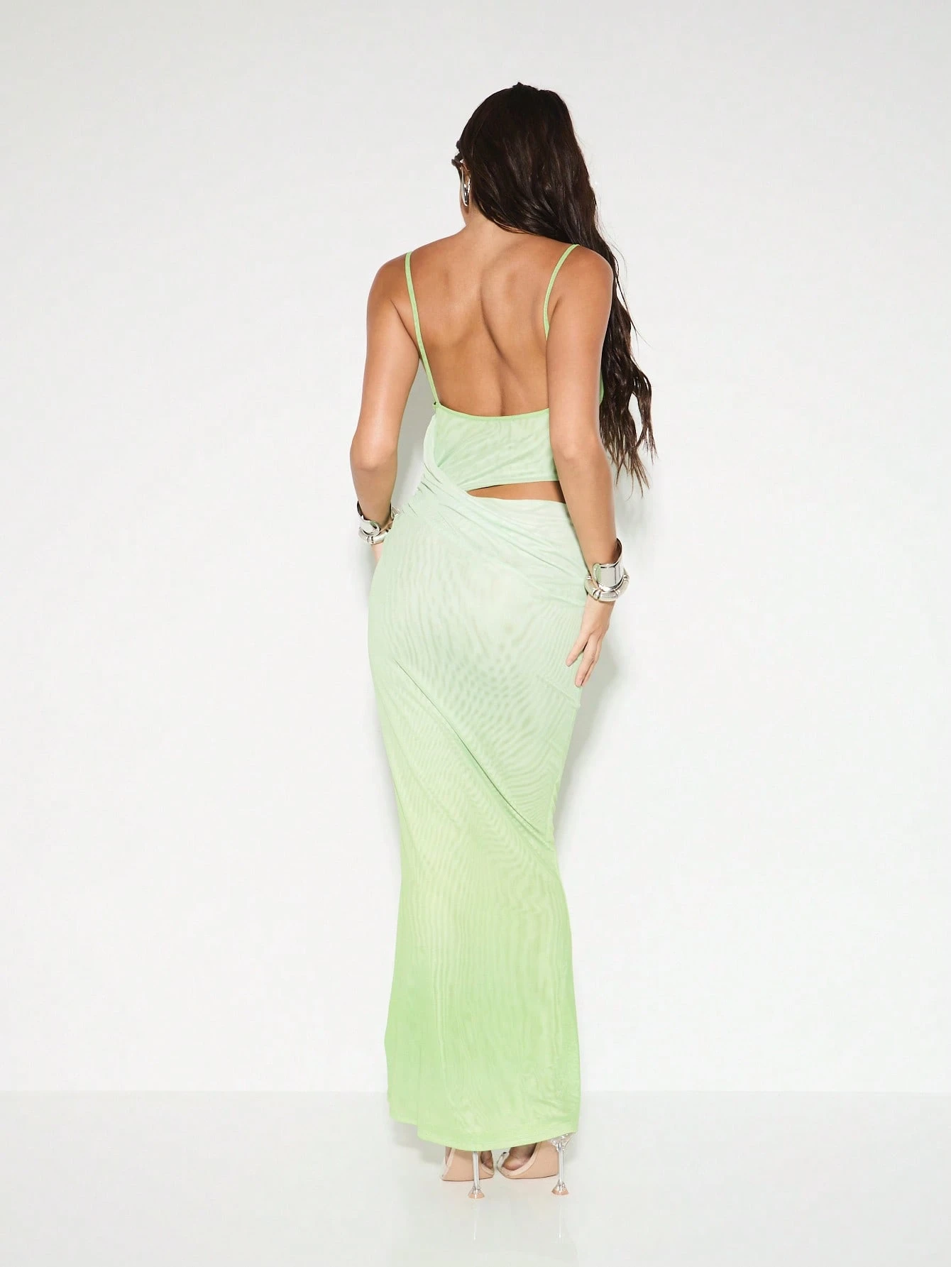 KIZN Cowl Neck Draped Mesh Cut Out Maxi Dress