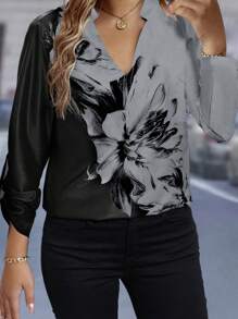 EMERY ROSE Camisa De Talla Grande Con Patrón De Flores De Color Contrastante Y Manga Enrollable Con Cuello De Solapa
