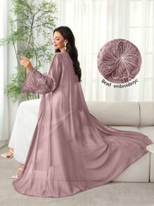 SHEIN Najma Arabic Style Floral Embroidery Open Front Abaya Robe With Beaded Cuffs, Lightweight For Spring/Summer - Dusty Pink - View 1
