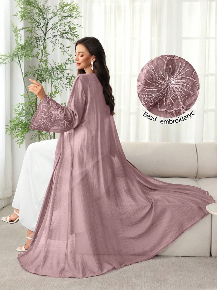 SHEIN Najma Arabic Style Floral Embroidery Open Front Abaya Robe With Beaded Cuffs, Lightweight For Spring/Summer - Dusty Pink - View 1