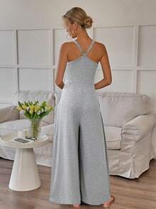 SHEIN LUNE Bộ đồ liền thân ống rộng không tay màu đen có túi dành cho nữ, trang phục mùa hè thoải mái và giản dị, chất liệu dệt kim - Xám - Xem 2