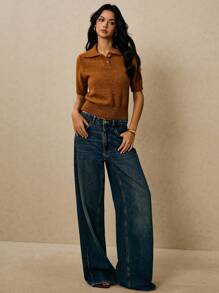 Poéselle 柔软针织 Polo 衫上衣 - 女式短袖纽扣套头衫、女式针织 Polo 衫、纽扣针织 Polo 衫、柔软针织上衣、翻领针织衫、学院风毛衣上衣、秋季针织时尚、棕色针织上衣、女式针织上衣