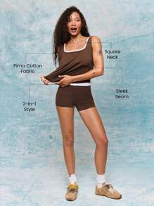 GLOWMODE Pima Cotton Layer Up Soft Stretchy Lightweight Contrast Color Square Neck Double Layer Strappy Cami Tank Top Low Impact Yoga Pilates Studio Gym Daily - Chocolate Brown - View 2