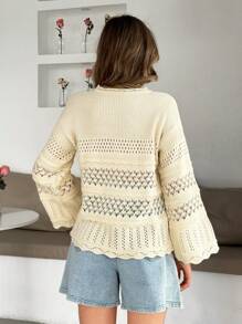 EURMUSE Pulover croșetat pentru femei, culoare uni, cu decupaj, guler rotund și mânecă scurtă, jumper, jumper crem, pulovere, jumper negru, pulover pentru femei, jumper alb, pulover pentru femei, pulovere pentru femei, haine de iarnă - Bej - Vizualizare 3