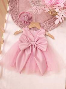 SHEIN 2 件套新生儿女童珍珠风格连衣裙配玫瑰花头带婴儿拍照服装婴儿 1 个月 100 天拍照服装