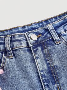 SHEIN Girlism Kawaii Tween Girl Y2k Słodka i słodka opaska na głowę z kokardą Rozszerzane nogawki Jeansy z niebieską ozdobą kokardki, postrzępione obszycie i rozcięta rozszerzana nogawka, szkoła - Niebieski - Zobacz 5