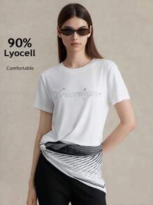 Briarwyn Women's Fashion Rhinestone Short Sleeve T-Shirt, Summer Graphic Tees Old Money Style Women Back To School Clothes Streetwear Women - White - View 2