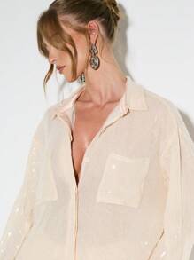 KIZN 优雅亮片纽扣衬衫超大长袖晚会节日特殊场合闪亮闪光上衣 - 杏色 - 查看 6