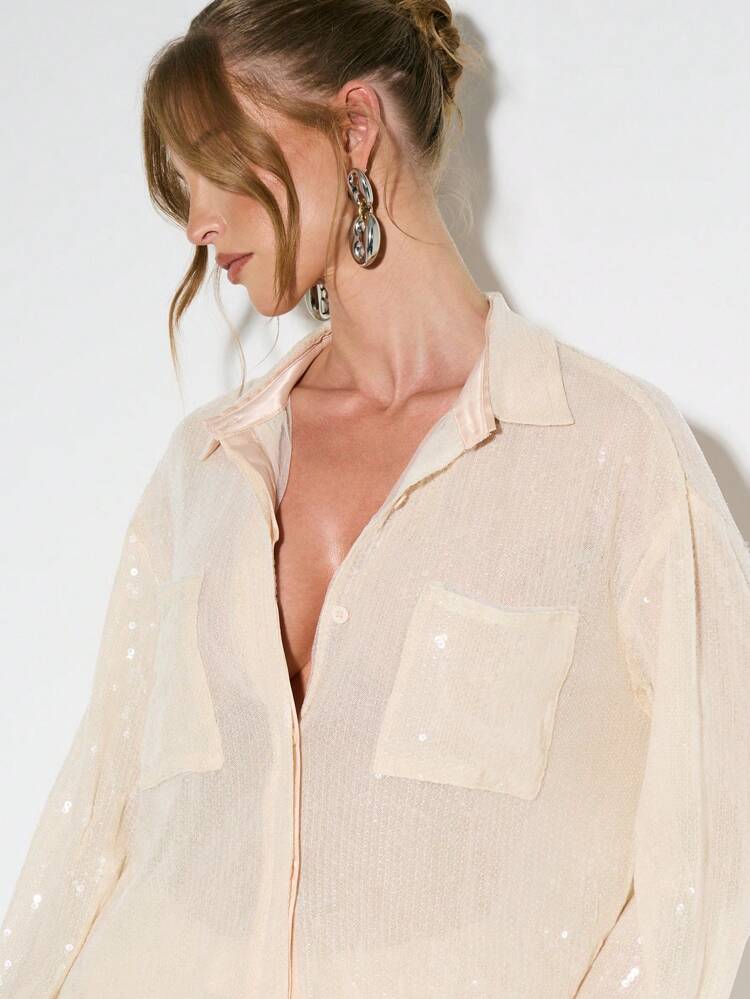 KIZN Elegant Sequin Button Down Shimmering Sparkle Blouse